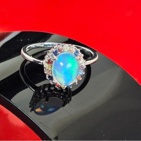 925 Sterling Silver Ring Sz 7 with Natural White Opal 9x7mm & Sapphire Gems - Picture 3 of 7